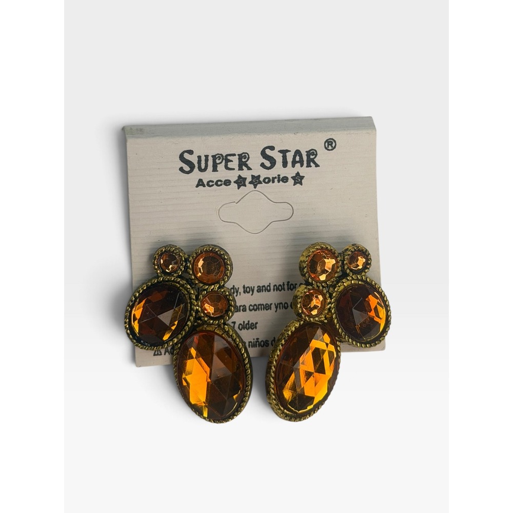 Super Star Amber Gold Tone Faceted Gemstone Cluster Statement Earrings